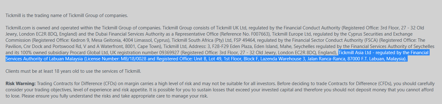 Tickmill Asia Limited Labuan